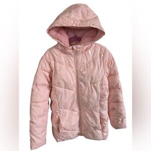 Swiss Tech Pink Star Print Hooded Puffer Jacket Girls Size L 10–12